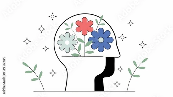 Fototapeta A stylized head silhouette filled with colorful flowers, symbolizing creativity and mental well-being, surrounded by sparkling elements.