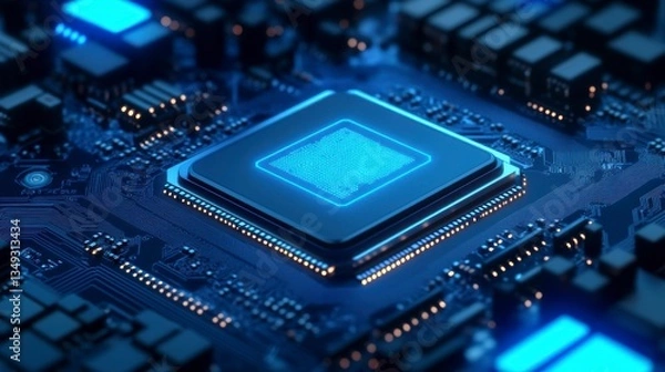 Fototapeta Close-up of a central processing unit (CPU) on a circuit board, glowing blue.
