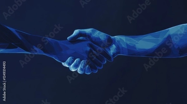 Fototapeta Two abstract blue hands shaking, symbolizing partnership and collaboration against a dark background