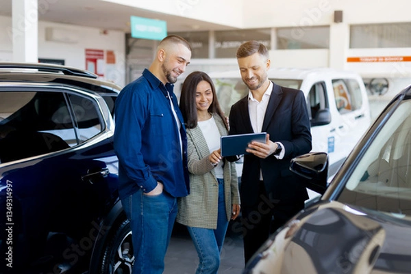 Fototapeta Professional car salesman in black suit showing details on tablet to smiling young couple in modern car dealership showroom. Couple attentively looks at screen, discussing their potential purchase