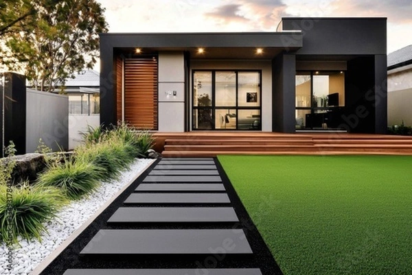 Fototapeta Stylish Landscaping with Artificial Grass in Australia