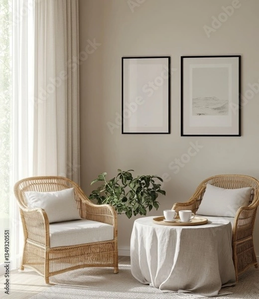 Fototapeta Calm Living Room Interior Two Wicker Armchairs and a Round Table