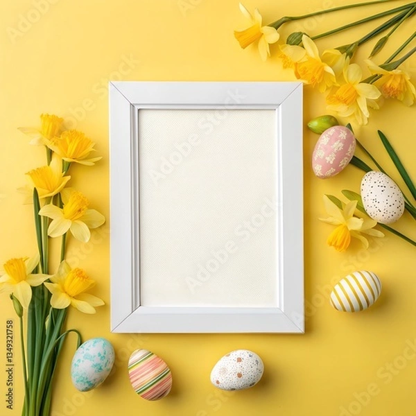 Obraz White frame with easter eggs and flowers
