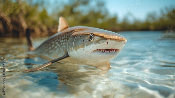 Fototapeta A mesmerizing young zebra shark glides through crystal-clear shallows, its speckled skin shimmering in the sunlit water.