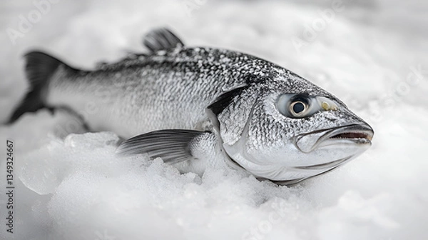 Fototapeta A glistening sea bass rests on a bed of pristine ice, its scales catching the light in a dramatic display of fresh-caught bounty, showcasing a stark yet beautiful contrast.