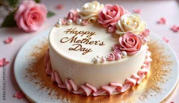 Fototapeta A luxurious vanilla cake adorned with handcrafted buttercream roses in soft pink and white, gold-dusted edges, and delicate pearl accents. "Happy Mother's Day" written in elegant calligraphy on top.
