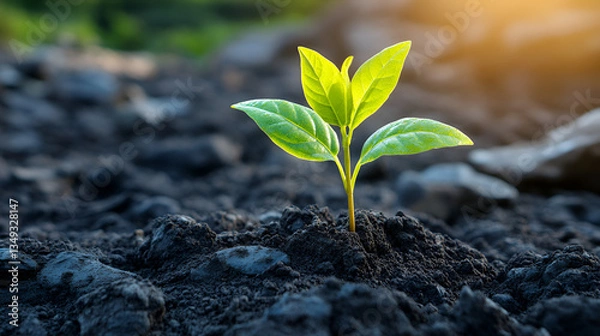Fototapeta A tiny sprout bravely pushing through dark earth, a symbol of hope and resilience under warm sunlight.