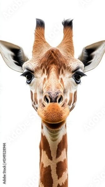 Fototapeta Giraffe portrait showing unique features in a studio setting against white background