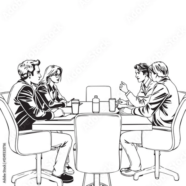 Fototapeta Continuous one black line art drawing business team meeting vector illustration.
