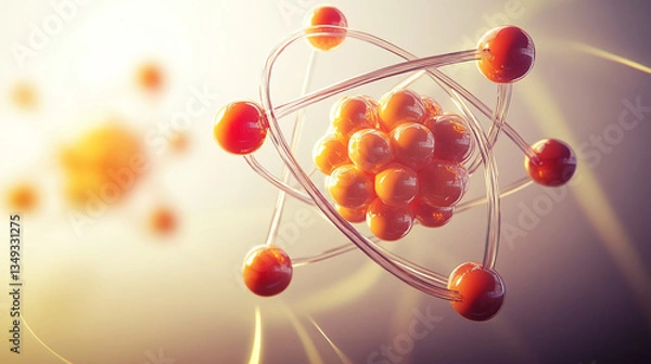 Fototapeta A collection of vibrant orange spheres representing atomic structure in a vintage bohr model illustration with a warm light background.
