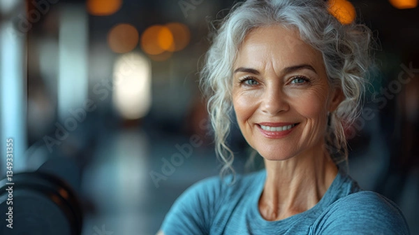 Fototapeta A radiant mature woman with silver curls exudes confidence and serenity, captured in soft, warm lighting against a blurred background.