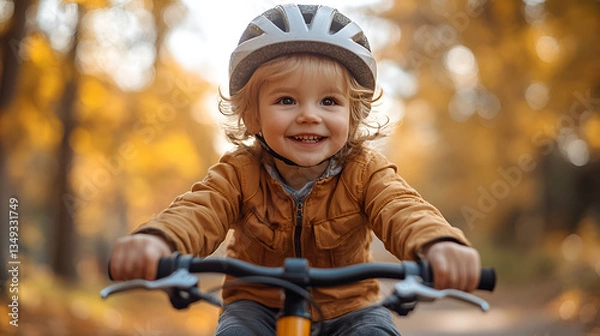 Fototapeta A joyful toddler's autumn bike ride, beaming with delight amidst a blur of golden leaves and soft sunlight.