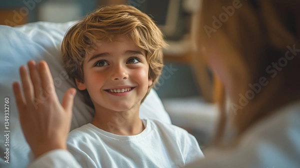 Fototapeta A cheerful young boy in a hospital bed gives a high-five, sharing a heartwarming moment of connection and hope with his caregiver, bathed in soft, gentle light.