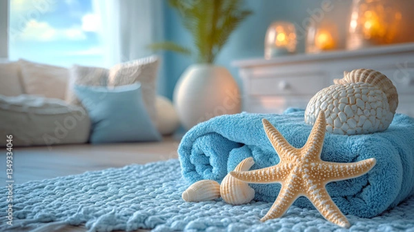 Fototapeta Serene coastal escape: a plush blue towel adorned with starfish and seashells rests on a soft textured rug, evoking tranquility and relaxation in a sun-drenched coastal home.