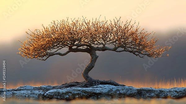 Fototapeta A lone bonsai tree gracefully endures the sunset, a testament to resilience and quiet strength in a serene, soft-lit landscape.