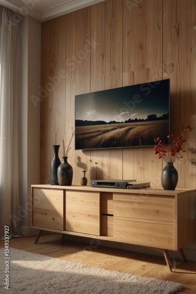 Fototapeta Modern living room with wooden wall and TV