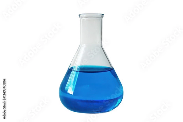 Fototapeta A clear erlenmeyer flask filled with vibrant blue liquid isolated on a black background 
