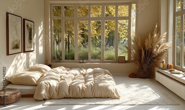 Fototapeta Simple Minimalist Bedroom Interior Design with Beige Bedding and Autumnal Window View