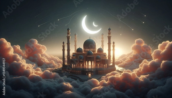 Fototapeta Floating Mosque in the Clouds, Dreamy Faith