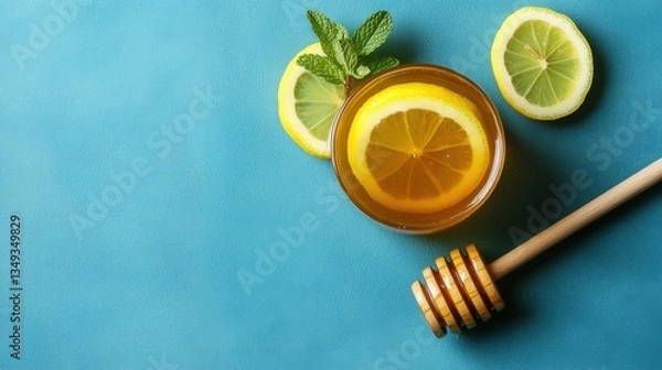 Fototapeta Apple cider vinegar wellness and metabolism, A refreshing drink made with lemon slices, honey, and mint, set against a vibrant turquoise background.