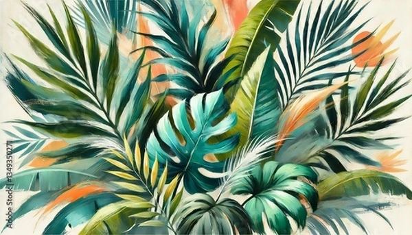 Fototapeta アーティスティックな筆致で描かれたトロピカルリーフ背景