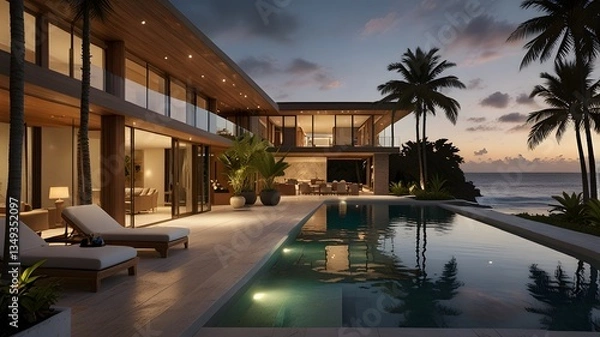 Obraz Luxury Beachfront Villa with Infinity Pool at Sunset