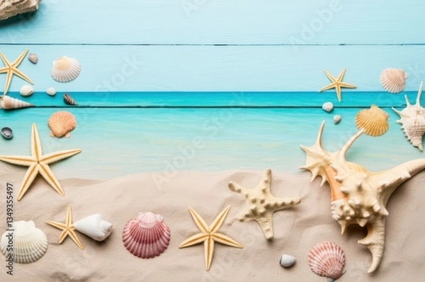 Obraz Stunning Overhead Shot Coastal Beach Image Featuring Turquoise Ocean, Fine Sand, And Spiral Seashells Top-Down View Of Summery Escape With Blue Skies