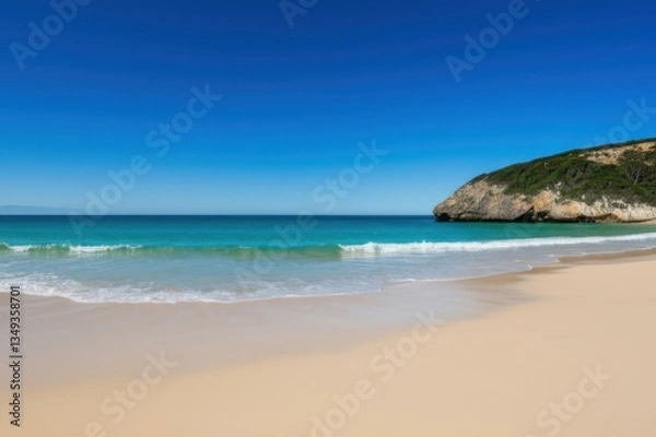 Obraz Breathtaking Beach Scene Turquoise Ocean Meets Gentle Waves Under Clear Sky, Revealing Beauty Of Natures Horizon With Green Vegetation And Dramatic Cliff