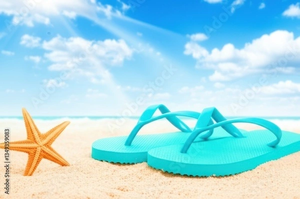 Obraz Turquoise Flip Flops On Sunny Beach Stunning View Of White Sand, Blue Sky Ocean, With Bright Orange Starfish Ideal For Summer Relaxation Beach Vacation Vibes