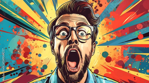Fototapeta A shocked young man with a beard, wearing glasses, expresses astonishment against a colorful, dynamic background.
