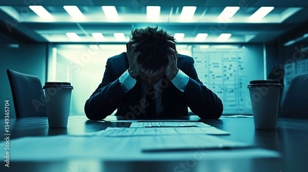 Fototapeta A businessman sitting in a cluttered office, looking stressed and exhausted