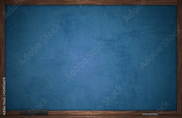 Fototapeta Blue chalkboard in wooden frame with chalk and eraser