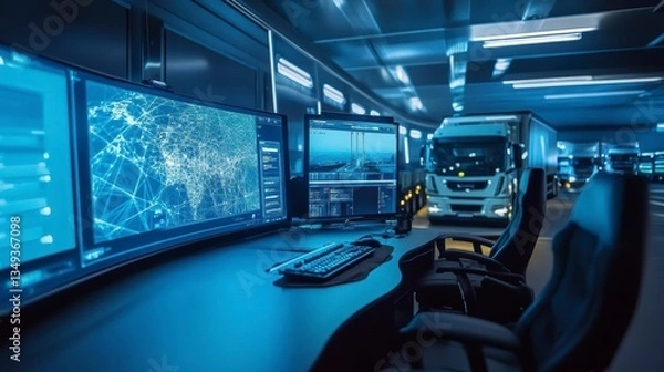 Fototapeta Modern control room with large monitors displaying logistics data and a truck in the background.