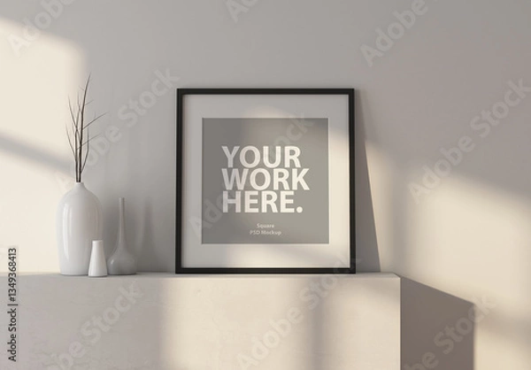 Fototapeta Square art poster frame mockup with passepartout standing in room with shadows from window