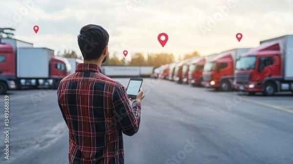 Fototapeta Man using tablet to track fleet of delivery trucks.