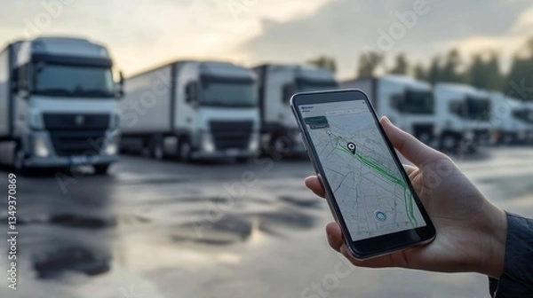 Fototapeta Hand holding smartphone displaying GPS tracking app with fleet of trucks in background.