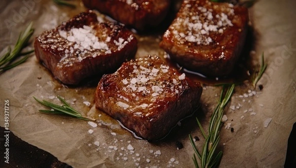 Obraz Roasted beef squares, seasoned and ready