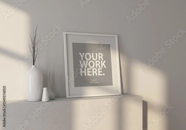 Fototapeta Square art poster frame mockup with passepartout standing in apartment
