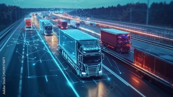 Obraz Connected trucks driving on highway at night, showcasing digital network.