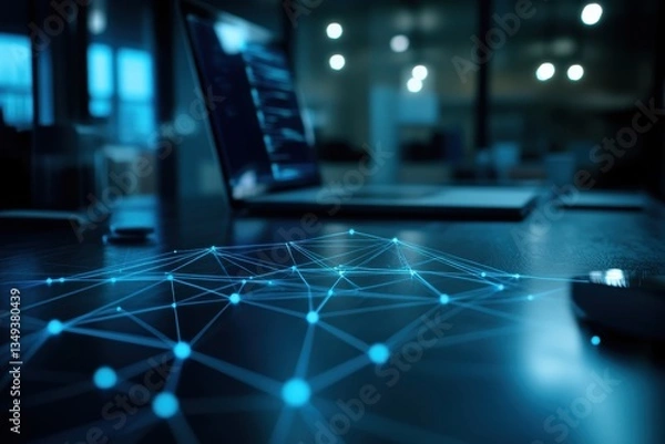 Fototapeta Abstract Network Connection Visualization on Modern Office Desk