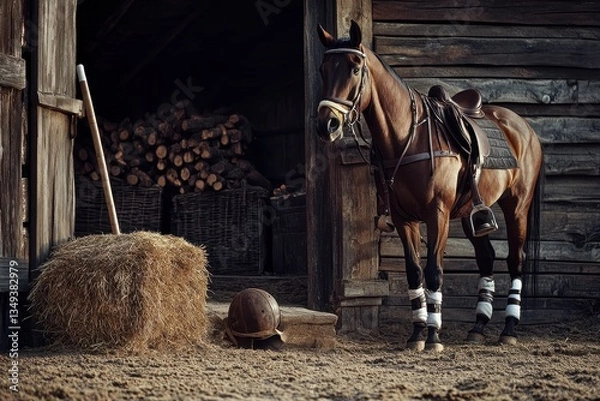 Fototapeta Horse Standing Near Stable with Saddle and Straw Bales