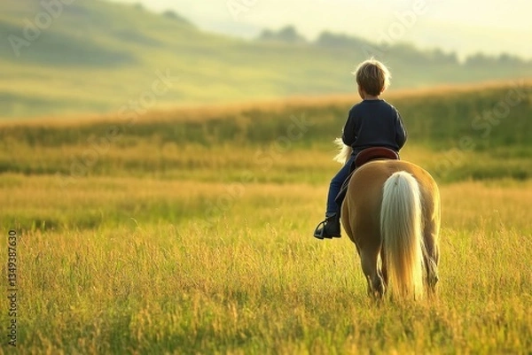 Fototapeta Young Child Riding Pony in Serene Meadow During Golden Hour