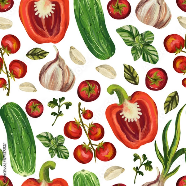 Fototapeta Seamless pattern vegetables on white background. Digital art, imitation oil. Autumn harvest, healthy food. Print for fabric and wrapping paper.