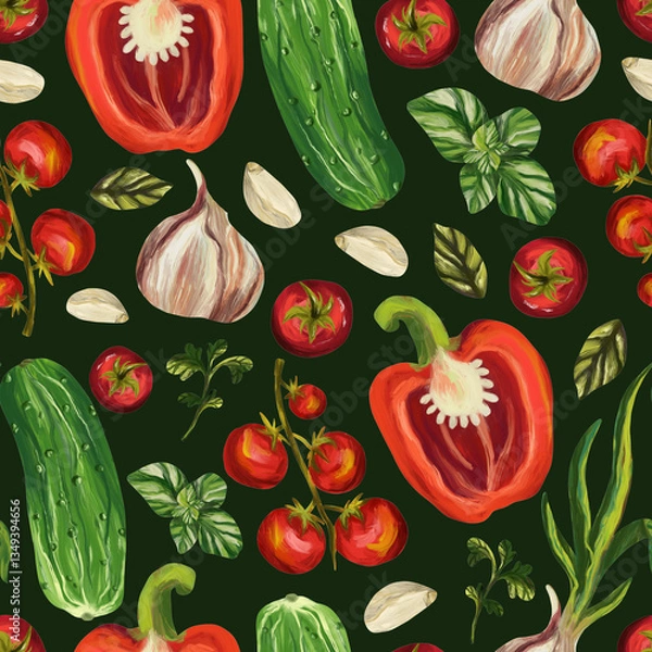 Fototapeta Seamless pattern vegetables on a dark green background. Digital art, imitation oil. Autumn harvest, healthy food. Print for fabric and wrapping paper.