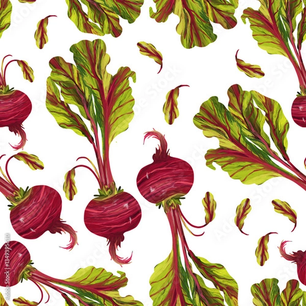 Fototapeta Beetroot seamless pattern on white background. Digital art, oil imitation. Autumn harvest, healthy food. Print for fabric and wrapping paper.
