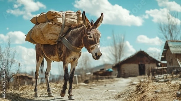 Fototapeta A donkey carries heavy bags along a rural path, with rustic houses and a clear blue sky in the background