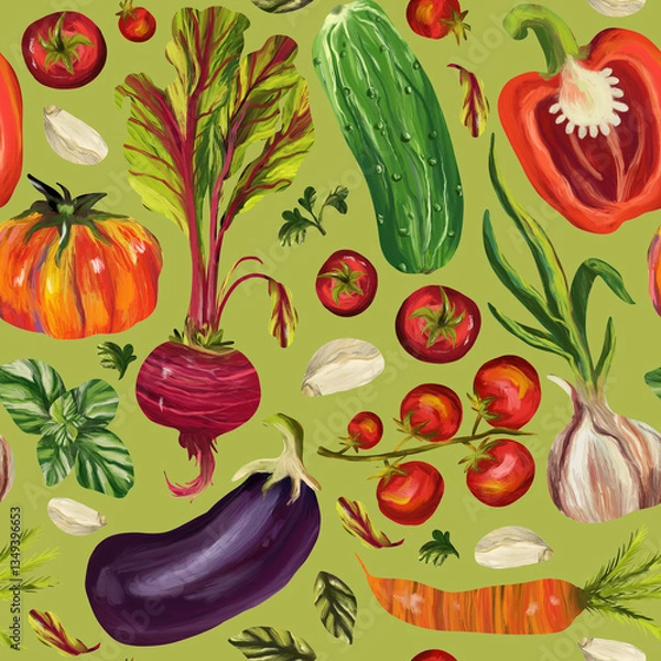 Fototapeta Seamless pattern vegetables on a green background. Digital art, imitation oil. Autumn harvest, healthy food. Print for fabric and wrapping paper.