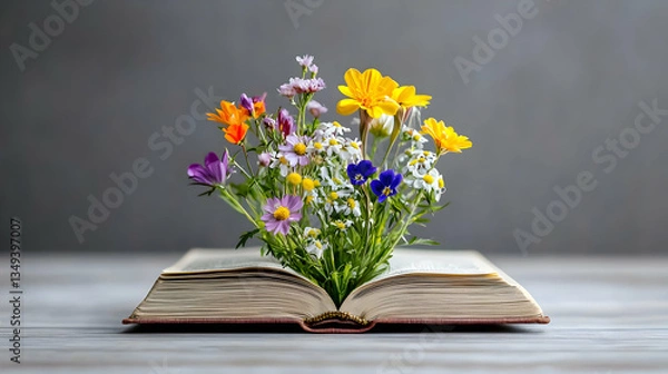 Fototapeta Colorful Flowers Growing From Open Book On Wooden Table