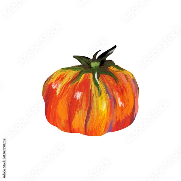 Fototapeta Tomato on isolated white background. Digital art, oil imitation. Autumn harvest, healthy food.