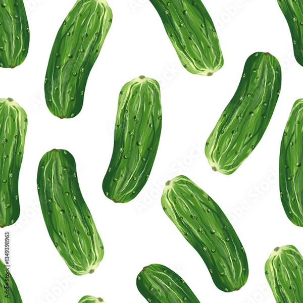 Fototapeta Seamless pattern cucumber on white background. Digital art, imitation oil. Autumn harvest, healthy food. Print for fabric and wrapping paper.